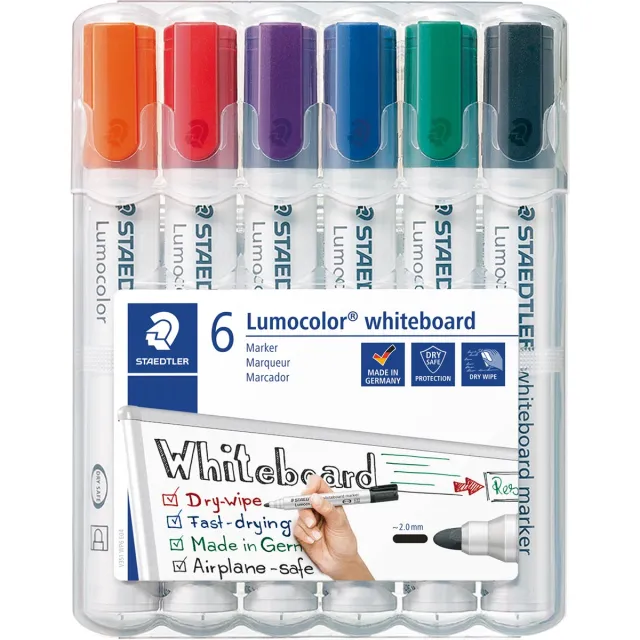 Staedtler Lumocolor whiteboardmarker etui van 6 stuks in geassorteerde kleuren blauw