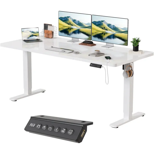Devoko Elektrisch Zit-Sta Bureau 180x80 cm - Extra Groot Werkblad - Dubbele Dwarsbalk - Zit-herinnering - 2 Geheugenstanden - Wit tafelonderstel met wit tafelblad Beige