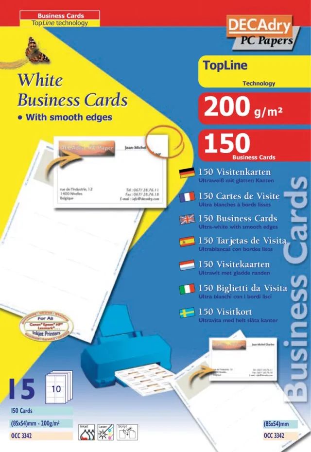 Decadry visitekaarten TopLine 150 kaartjes (10 kaartjes ft 85 x 54 mm per A4), rechte hoeken wit