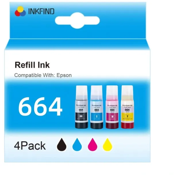 INKFIND 664 inkt geschikt voor Epson664 Epson 664 Epson T664 Epson6641 Epson6642 6641 T6642 T6643 6644 4-kleuren multipack voor Epson L100/L200/L110/L130/L210/L220/L300/L350/L355/L555 EcoTank ET-14000 ET-2500 ET-2550 ET-2600 ET-2650 ET-4500 L355 L555 70ml Zwart x 1, 70ml Cyaan x 1, 70ml Magenta x 1, 70ml Geel x 1