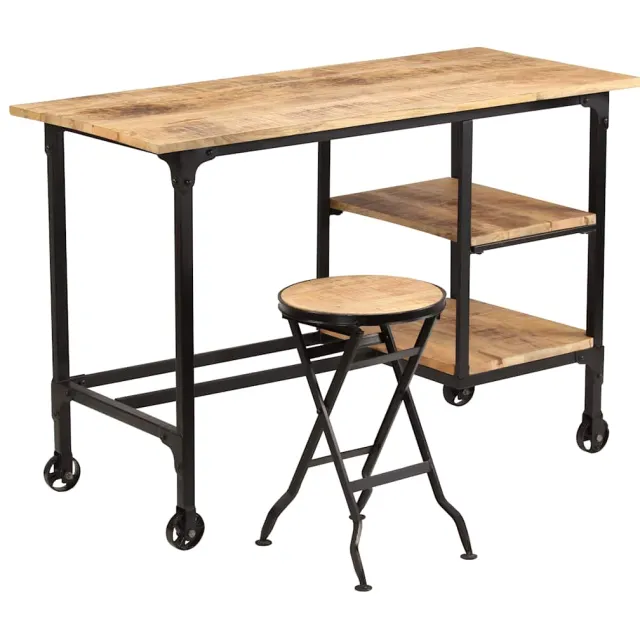vidaXL Bureau met inklapbaar krukje 115x50x76 cm massief mangohout Bruin