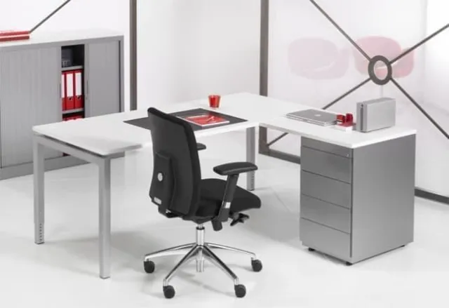 ABC Kantoormeubelen 4-Poots hoekbureau met ladenblok Kubus 180 x160cm Ladeblok 3 lades met pennenlade bladkleur Antraciet eiken framekleur Antraciet (Ral 7016) hoek Rechts Antraciet (Ral 7016)/Antraciet eiken