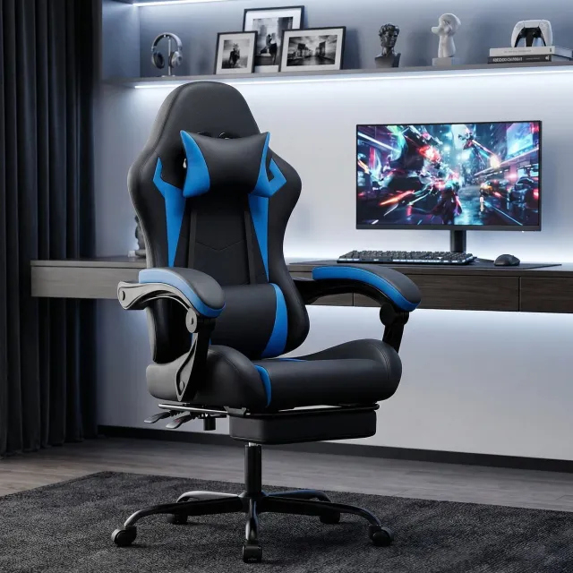 FloraGrace Gamingstoel Verstelbaar Ergonomisch Met Hoofdsteun En Lendensteun, Kantelbare Rugleuning En Voetsteun, Zwart Blauw, Kunstleer Black+Blue