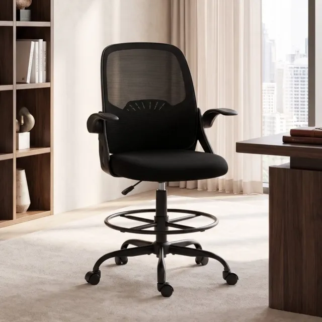 DESMIU Hoge Bureaustoel 65 x 59 x 124 cm - Verstelbare Zithoogte en Lendensteun - Voor Hoge Werktafels en Tekentafels - Polyester - Zwart