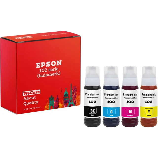 WeCare 4-pack | Huismerk geschikt voor Epson 102 Inktflessen - Geschikt voor EcoTank ET-2750 - ET-2851 - ET-3700 - ET-3750 - ET-3850 - ET-4750 - ET-4850 - ET-4856 Multipack 4 inktflessen
