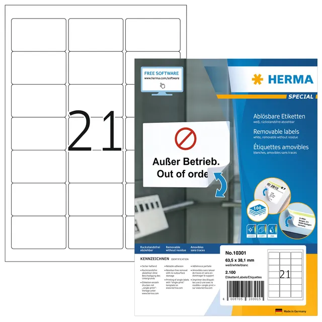 Herma Etiket HERMA 10301 63.5x38.1mm verwijderbaar wit 2100 stuks