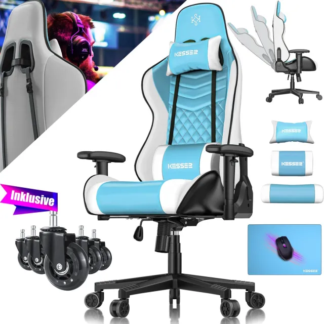 Kesser Gamingstoel Ergonomisch - Gaming Bureaustoel met Hoofdsteun en Lendenkussen, Verstelbare Rugleuning, tot 150 kg - Lichtblauw/Wit Lichtblauw / Wit