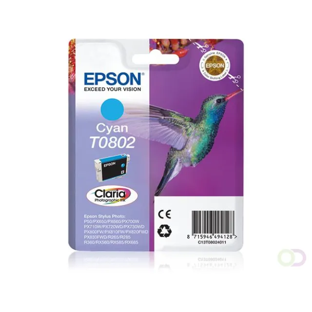 Epson Hummingbird Singlepack Cyan T0802 Claria Photographic Ink (C13T08024021) Cyaan