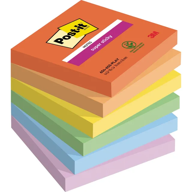Post-it Super Sticky Notes Playful, 90 vel, ft 76 x 76 mm, geassorteerde kleuren, pak van 6 blokken blauw