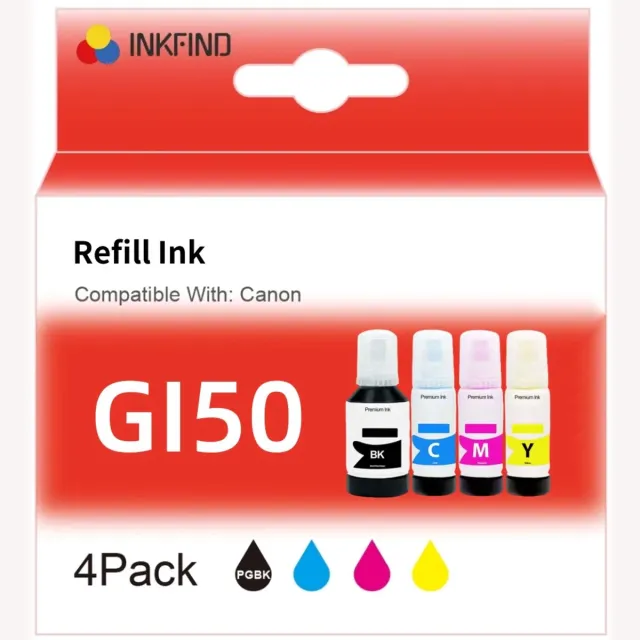 INKFIND GI50 inkt geschikt voor CanonGI50 Canon GI50 Canon GI-50 CanonGI-50 Megatank 4-kleuren ( 1 x PGBK / 1 x Cyan / 1 x Magenta / 1 x Yellow) multipack voor Canon Pixma G5050 Canon Pixma G6050 Canon Pixma G7050 PIXMA G7040 Zwart, Cyaan, Magenta, Geel