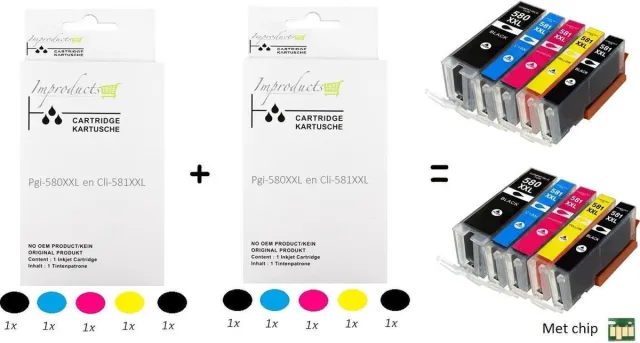 Improducts Inkt cartridges - Alternatief Canon PGI-580 / CLI-581 XXL 10 box 4x Zwart 2x Magenta 2x Geel 2x Cyaan - Multi pack