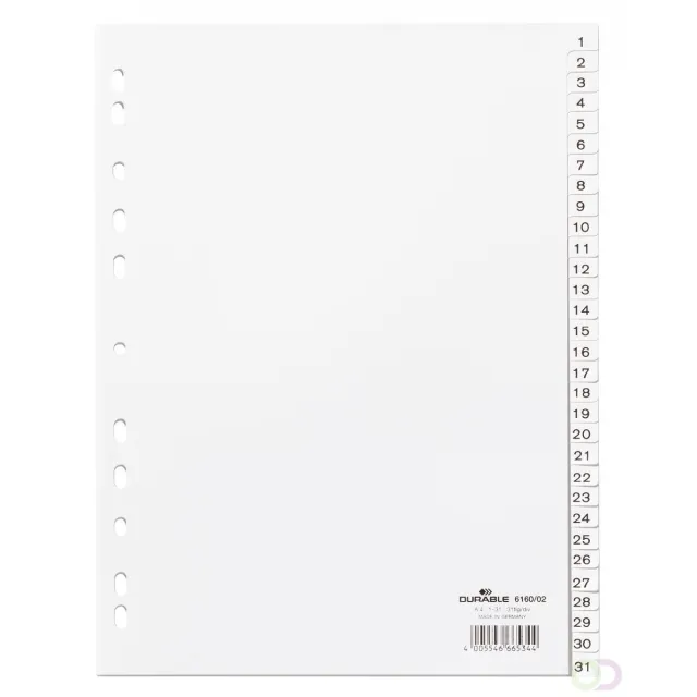 Durable Tabbladen A4 31-delig bedrukte tabs 1-31 en voorblad PP