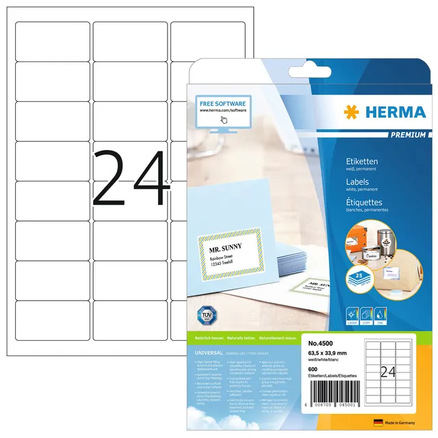 Herma Etiket HERMA 4500 A4 63.5x33.9mm premium wit 600 stuks