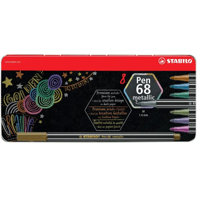 Stabilo Pen 68 metallic viltstift, 8 kleuren, metalen doos van 8 stuks blauw
