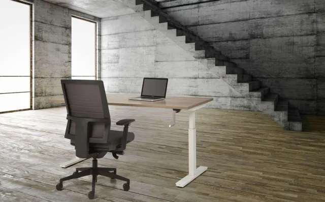 ABC Kantoormeubelen Bureau Teez Slinger zit/sta verstelbaar breed 120CM diep 80CM bladkleur Logan eiken framekleur Zwart (RAL9005) Zwart (RAL9005)/Logan eiken