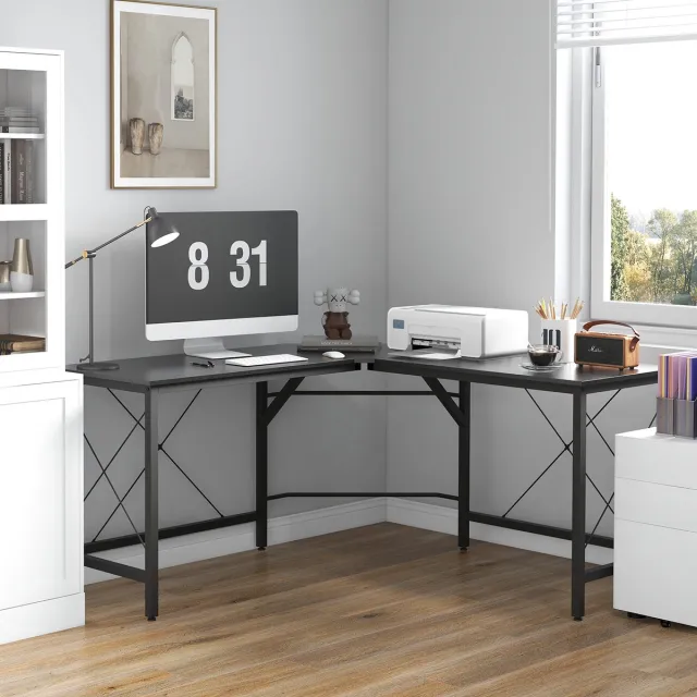OKWISH Hoekbureau – L-vormig Bureau Voor Thuiswerkplek En Kantoor – 150 x 150 x 76 cm – Stalen Frame En MDF Werkblad – Zwart