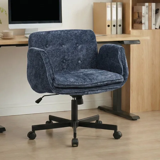 Vankel Ergonomische Bureaustoel - Fauteuilstoel - 5-Standen Verstelbare Armleuningen - Brede Zitting - Dubbel Memory Foam - Verstelbare Rugleuning - 360° Draaibaar en Hoogte Verstelbaar - Computerstoel/Studeerstoel-Blauw