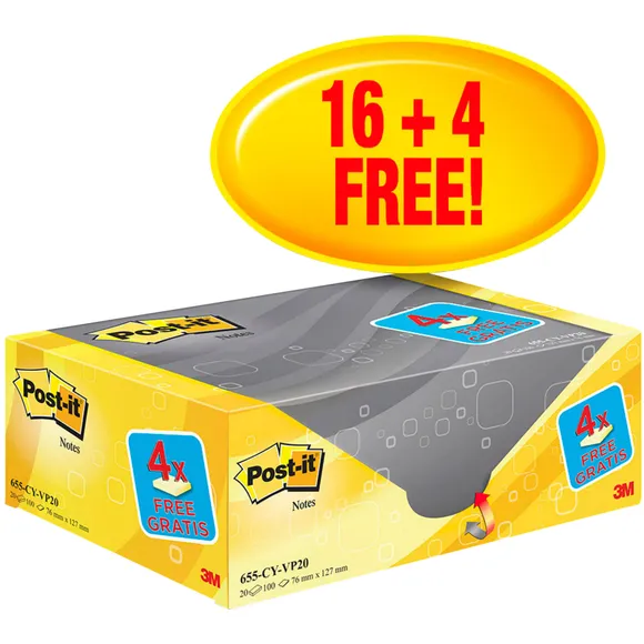 Post-It Memoblok 3M Post-it 655 76x127mm geel 16 + 4 gratis