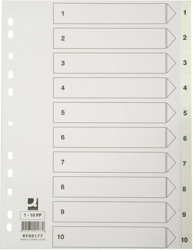 Q-CONNECT tabbladen, A4, PP, 11-gaatsperforatie,met indexblad, set van 1-10, wit