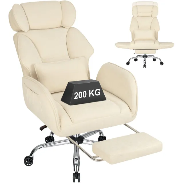 Hoffree Ergonomische Bureaustoel Kleermakerszit met Voetensteun - Beige - Opklapbare Armleuningen, 135° Verstelbare Rugleuning, Chenille Stof, Belastbaar tot 200 kg