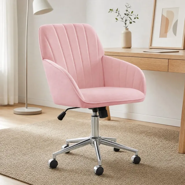 Wishdor Bureaustoel - Verstelbare zithoogte 360° draaibaar - Met wielen en vaste armleuningen - Ergonomisch - Voor kantoor slaapkamer thuis - Roze fluweel - 60 x 58 x 97 cm