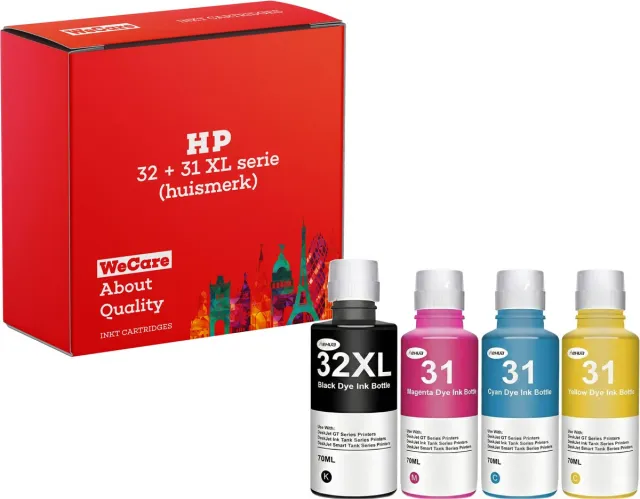 WeCare 4-pack | Huismerk Inkt geschikt voor HP 31/32 - 4 Flessen - Geschikt voor Smart Tank 455 - 455 - 655 - 5107 - 7305 - 7306 - 7605 Multipack 4 Flessen