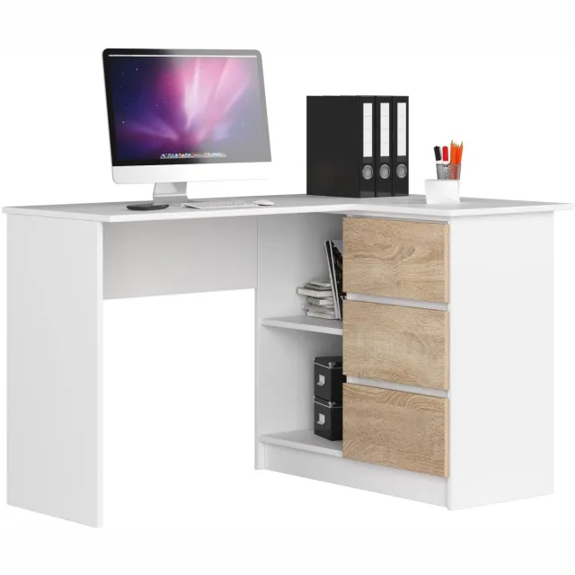 Akord Hoekbureau Rechts B16 / Computerbureau / Computer Tafel / Bureautafel Rechts / Wit - Sonoma Eik / 124 x 77 x 85 cm