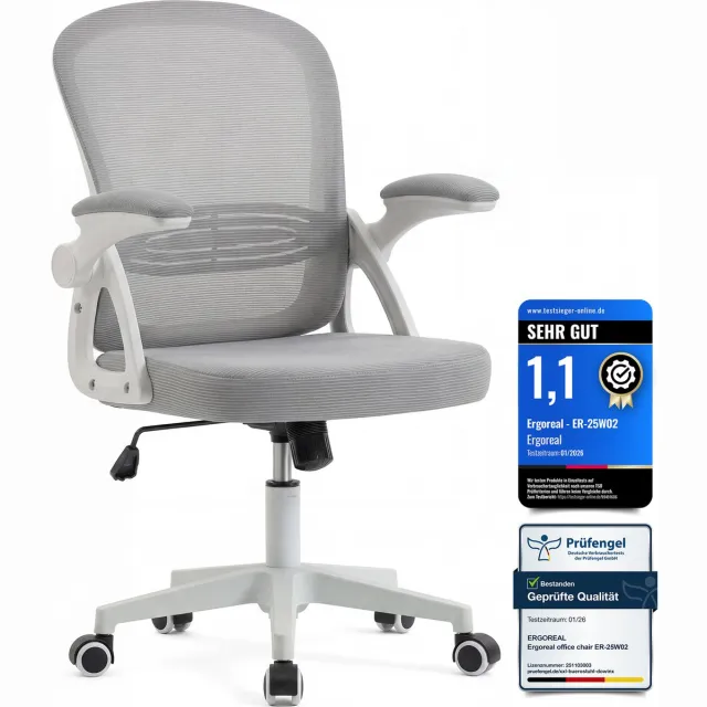 Ergoreal Bureaustoel - Ergonomische Stoel - Fauteuil met 90° opklapbare armleuning - In hoogte verstelbaar - Grijs