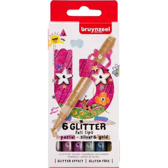 Bruynzeel Viltstift Bruynzeel Kids assorti pastel glitter en zilver goud 6 stuks