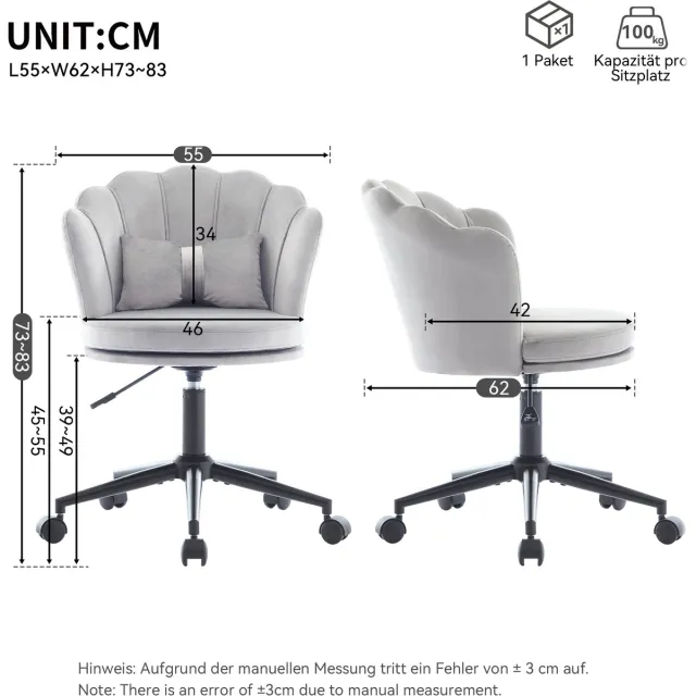 MODENUIT Bureaustoel 55 x 62 x 73-83 cm - Verstelbare Zithoogte en Draaibaar - Voor Bureau en Kaptafel - Fluweel Grijs
