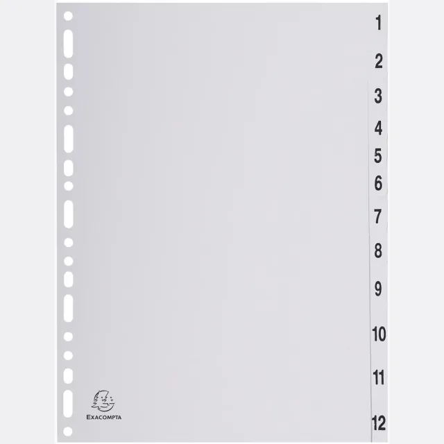Exacompta tabbladen numeriek voor ft A4, uit PP, grijs, 12 tabs zwart