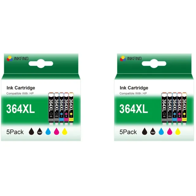 INKFIND 364XL voor HP364 HP 364 HP364X HP 364XL inkt van 10 stuks (2 x 5pack= 2 x foto Zwart, 2 x Zwart, 2 x Cyaan, 2 x Magenta, 2 x Geel), foto Zwart wordt gebruikt voor 5-kleurenprinters, de houder voor fotozwart is dunner dan de zwart cartridge. foto Zwart x 2, Zwart x 2, Cyaan x 2, Magenta x 2, Geel x 2