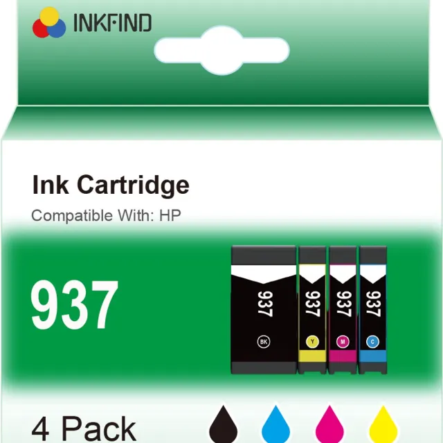 INKFIND 937 Zwart/Cyaan/Magenta/Geel inktcartridge compatibel met HP 937 937e 6C400NE 4 Pack geschikt voor HP OfficeJet Pro 9730e; 9720e HP OfficeJet Pro 9122e; 9125e; 9110b; 9135e; 9130b; 9132e; 9120e; 9117b; 9120b - 4-pack Zwart/Cyaan/Magenta/Geel Zwart x 1, Cyaan x 1, Magenta x 1, Geel x 1