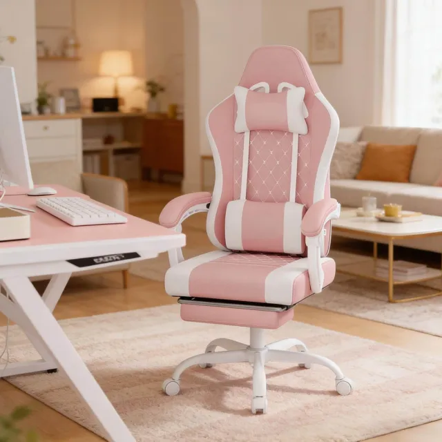 MEUNIQ Ergonomische gamingstoel met massage-lendenkussen, hoofdsteun, voetsteun en verstelbare zitting, 360° draaibaar voor werkkamer en gamen, roze-wit Roze en wit
