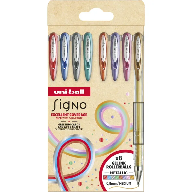 Uni-ball roller Signo Metallic, medium punt, geassorteerde kleuren, etui van 8 stuks blauw