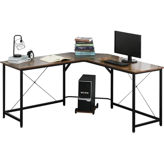 geld.nl Computer Table, L-Shaped Corner Desk, Office Table, E1 Chipboard + Metal, Black + Brown, 150 x 150 x 75 cm Brown Writing