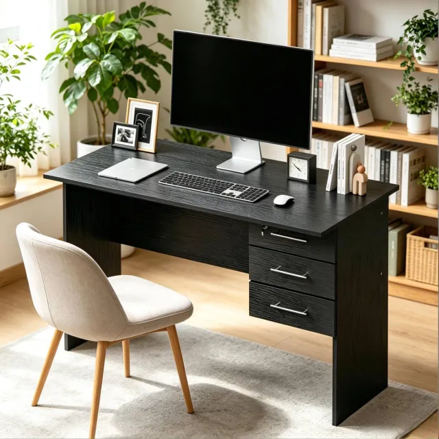 FloraGrace Bureau - Modern Bureau Met 3 Lades En Slot - Voor Thuiswerk En Studie - Hout - Zwart - 120x60x75 Cm