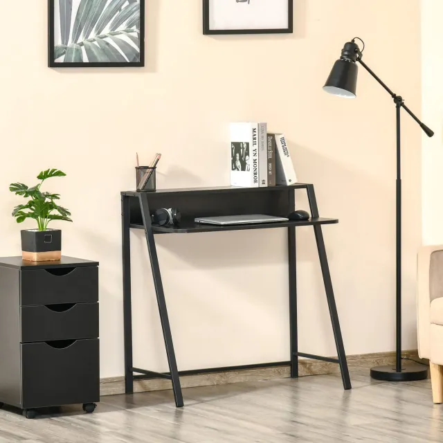 FloraGrace Computerbureau - Met Opbergrek En Kabeldoorvoer - Voor Thuiskantoor En Werkkamer - MDF En Metaal - 84x45x85 Cm - Zwart