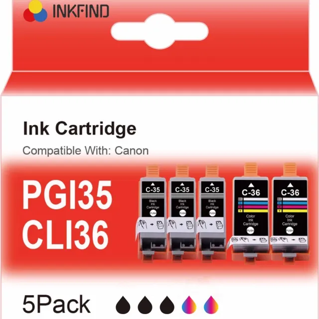 INKFIND PGI-35 CLI-36 inktcartridge voor PGI-35 CLI-36 Canon PGI35 CLI36 inktcartridge multipack 5 stuks (PGI-35 Zwart x 3; CLI-36 K/C/M/Y x 2) Geschikt voor Canon PIXMA iP100 / Canon PIXMA iP110 / Canon PIXMA TR150 - 5 PACK Zwart x 3 + Kleur x 2