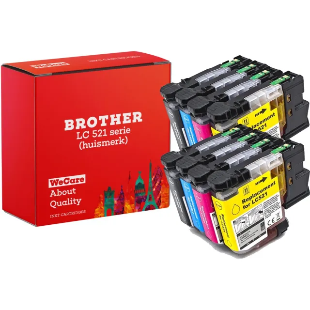 WeCare 8-pack | Huismerk geschikt voor Brother LC-521 inktcartridges - Geschikt voor DCP-J1360DW - J1260W - J1310DW - J1460DW Multipack 8 cartridges