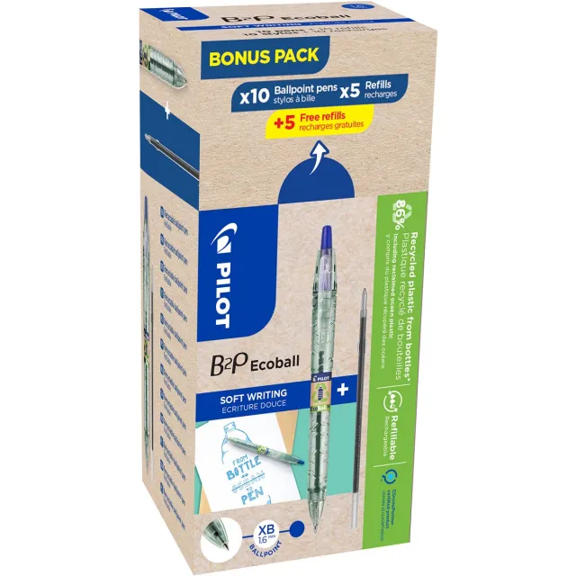 Pilot Ecoball B2P BeGreen balpen, large, blauw, doos van 10 stuks + 10 navullingen