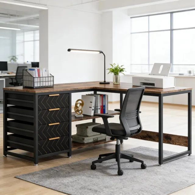 REDOM Hoekbureau - L-vormig en omkeerbaar - Met 2 lagen opbergrek en 4 lades - Industriële stijl - Thuiswerkplek - Metaal en spaanplaat - Zwart - Bruin - 150 x 110 x 75 cm