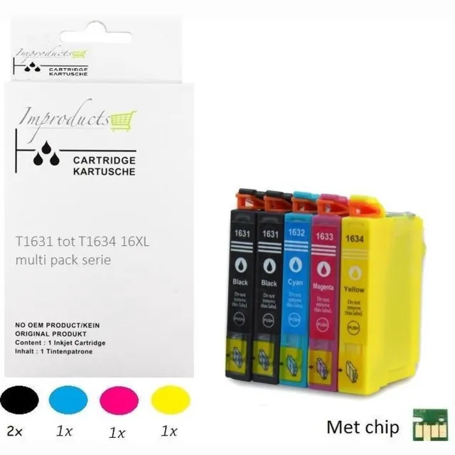 Improducts Inkt cartridges - Alternatief Epson 16XL 4 pack + zwart new chip v5 Multicolor - Zwart (2x), Cyaan, Magenta, Geel