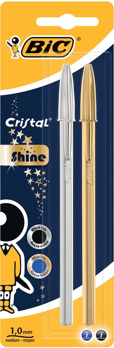 Bic balpen Cristal Shine, blister met 2 stuks (goud en zilver) blauw