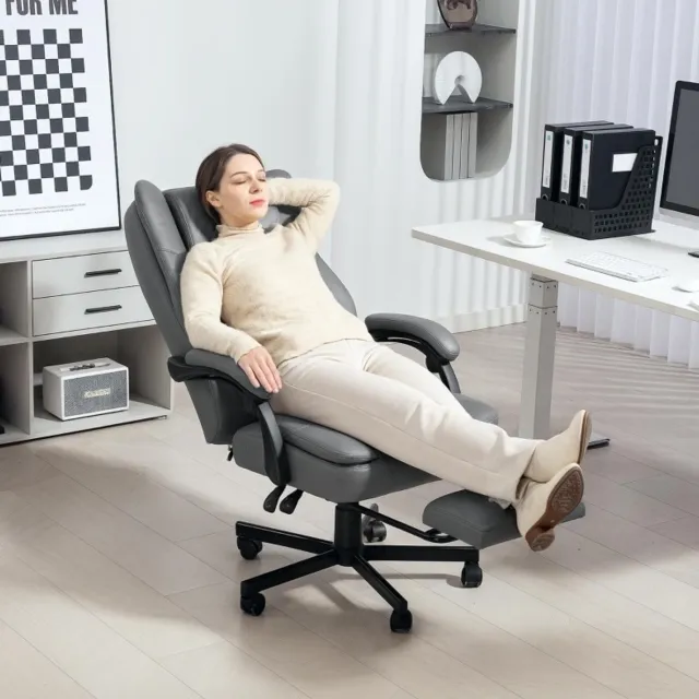 OKWISH Bureaustoel - Massagefunctie, Voetensteun En Kantelbare Rugleuning - Hoogte Verstelbaar Voor Werk En Ontspanning - Microvezel - Grijs