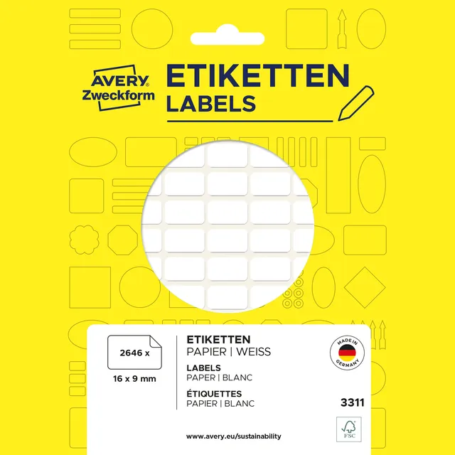 Avery Zweckform Etiket Avery 3311 16x9mm wit 2646 stuks