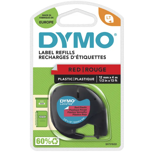 Dymo Labeltape Dymo LetraTag plastic 12mm zwart op rood