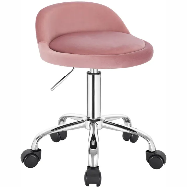 Famanu Werkkruk met wieltjes, bureaustoel, draaibaar, rolwielkruk met lage rugleuning, roze, zithoogte 43-54,5 cm