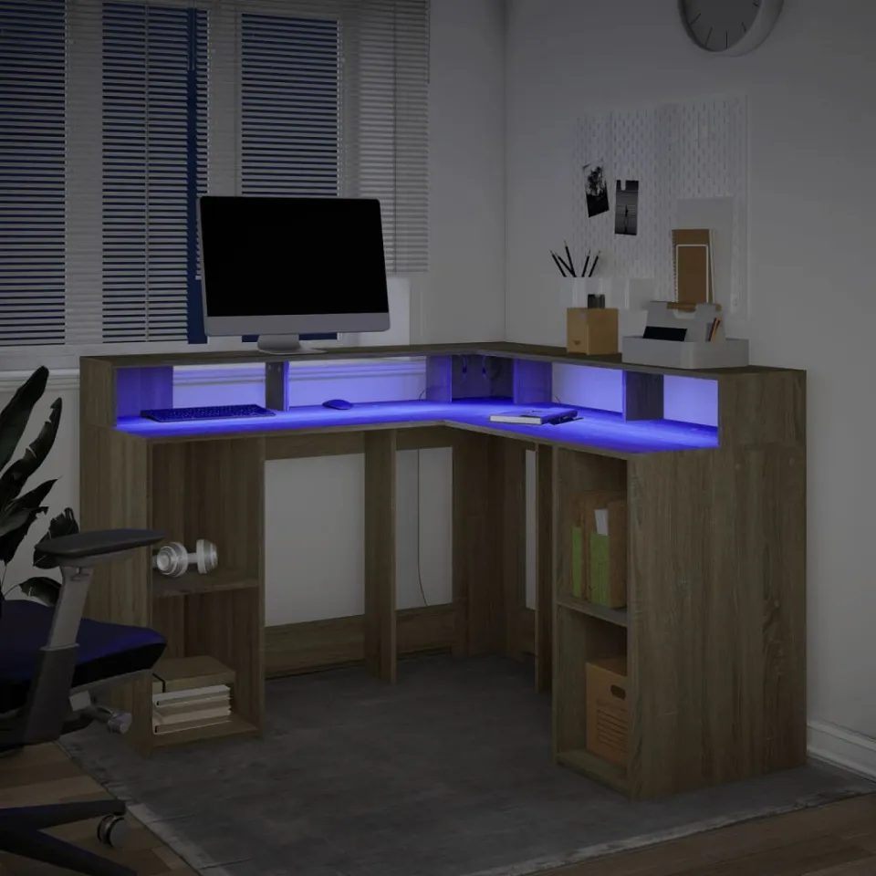 vidaXL Bureau met LED-verlichting 130x130x91 cm hout sonoma eikenkleur, foto 4