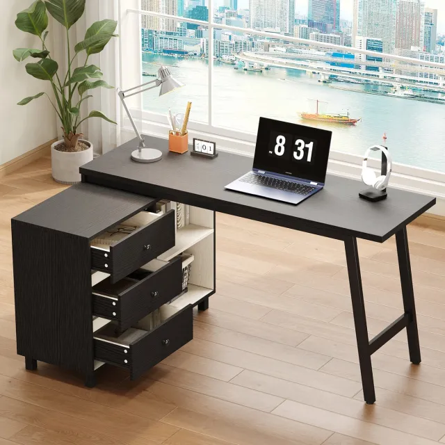 OKWISH Hoekbureau – L-Vorm Met 3 Laden En 2 Open Vakken – Voor Thuiswerk En Studie – MDF En Metaal Zwart Wit – 150x100x76 cm